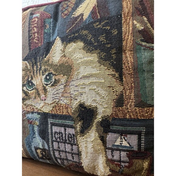Vtg Cat Kitty Feline Tapestry Needlepoint Library Fish Duck Throw Pillow 12” - Picture 4 of 5